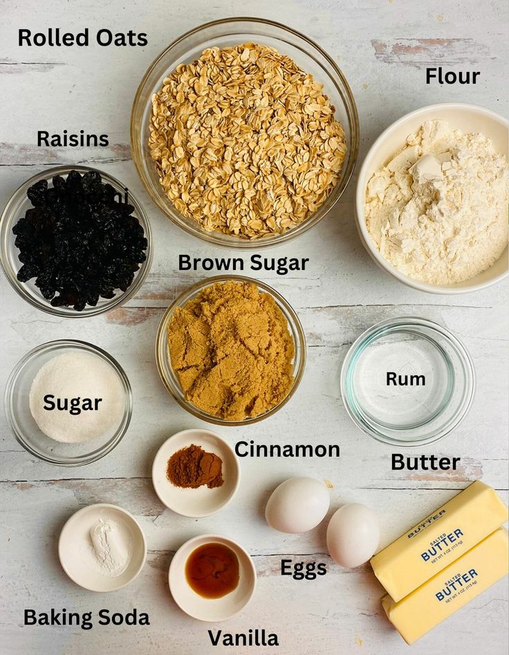 the ingredients to make an oatmeal recipe laid out on a white table