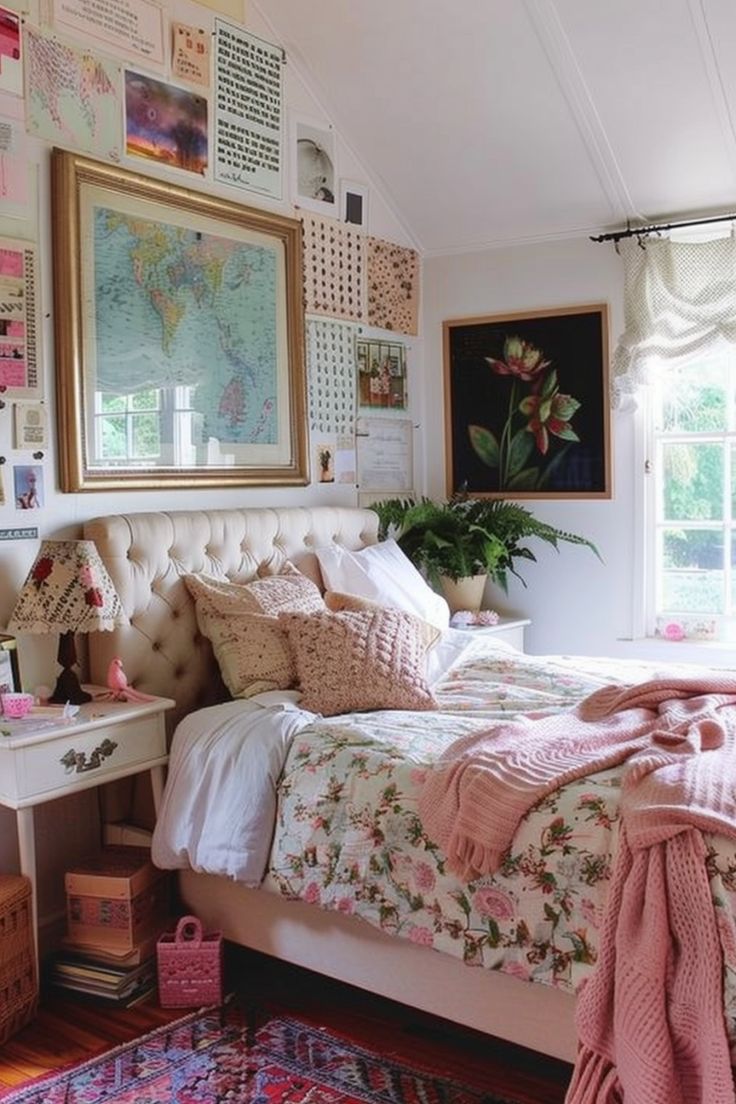 a bed room with a neatly made bed and lots of pictures on the wall above it