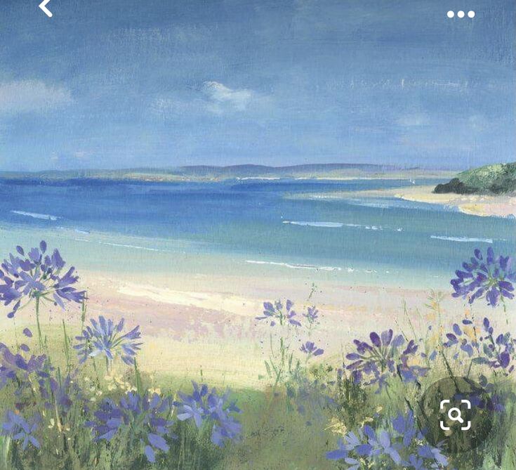 an oil painting of the beach with flowers in front of it and blue skies above