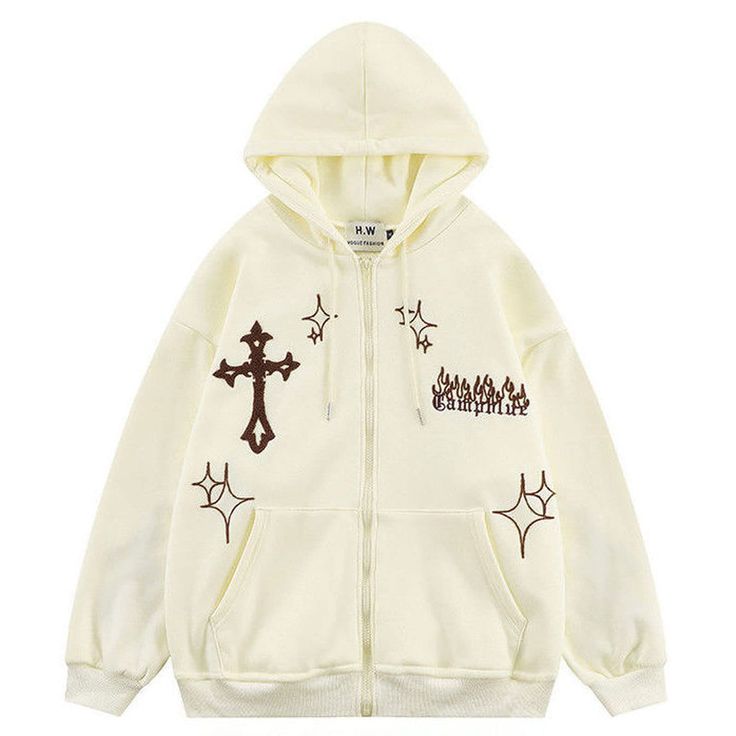 Cute Hoodies Designs, Zip Up Hoodie Design Ideas, Full Zip Hoodie Outfit, Cool Hoodies Designs, Teen Streetwear, Zip Up Design, Cross Hoodie, Beige Hoodie, Hoodie Embroidery