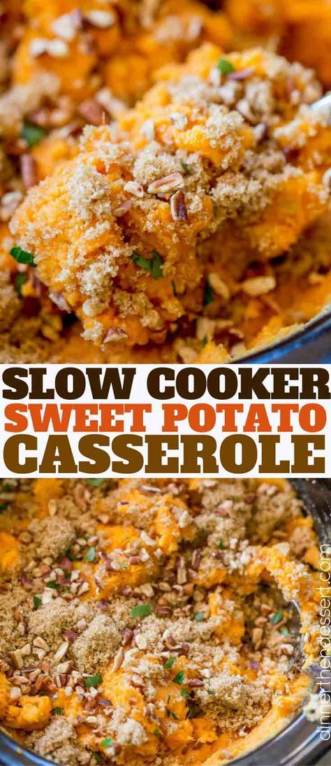 this slow cooker sweet potato casserole is the perfect side dish for any meal