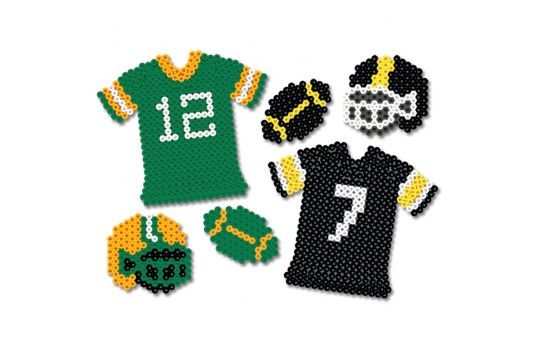 an assortment of sports themed items made out of perler beads on a white background