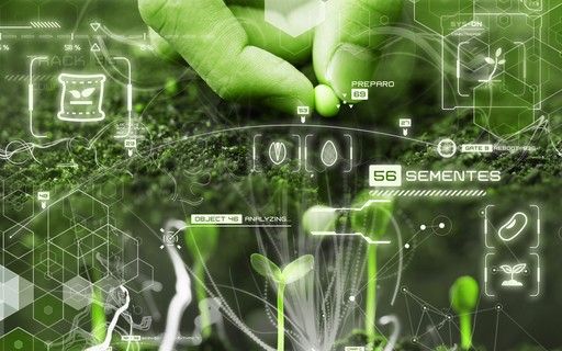 a person's hand touching something on top of green plants and technology icons in the background