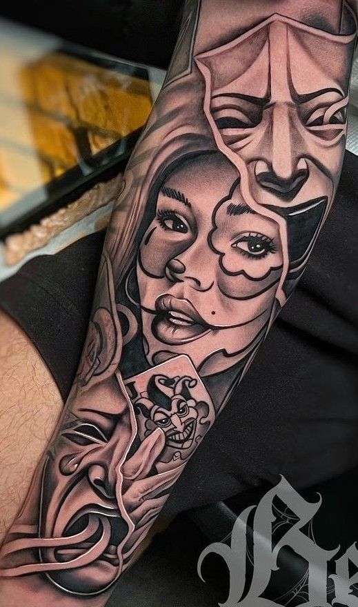 a man with a tattoo on his arm that has an image of two women and one man