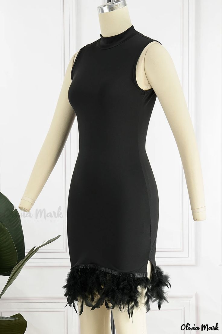 Olivia Mark - Exquisite and Contemporary Womens Black Sleeveless Dress with Half-Turtleneck and Solid Patchwork Feathers Design Elegant Sleeveless Winter Mini Dress, Black Sleeveless Winter Dress, Black Sleeveless High Neck Dress For Party, Black High Neck Sleeveless Dress For Party, Elegant Sleeveless Bodycon Dress For Winter, Winter Sleeveless Bodycon Dress, Black High Neck Sleeveless Stretch Dress, Sleeveless Stretch Bodycon Dress For Winter, Elegant Fitted Sleeveless Dress For Winter