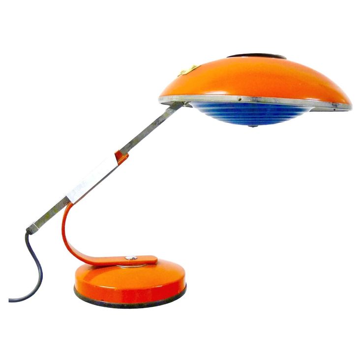 an orange and blue desk lamp on a white background with the light turned upside down