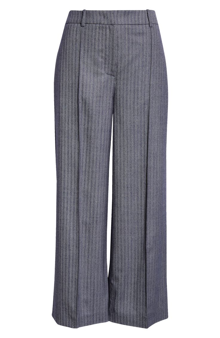 A herringbone-twill weave brings tasteful texture to virgin-wool trousers softened with a hint of stretch. Pronounced pleats and shadowy stripes accentuate the handsome, straight-leg silhouette. Zip fly with hook-and-bar closure Side-seam pockets; back welt pockets 98% virgin wool, 2% elastane Dry clean Made in Italy Designer Clothing Elegant Wool Wide Leg Pants For Spring, Elegant Wide Leg Wool Pants For Spring, Elegant Wool Pleated Bottoms, Elegant Pleated Wool Bottoms, Spring Wool Bottoms With Welt Pockets, Elegant Pinstripe Pants For Fall, Elegant Cropped Leg Bottoms For Business Casual, Tailored Elegant Cropped Bottoms, Elegant Tailored Cropped Bottoms