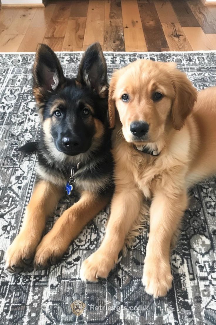 two dogs are laying down on the carpet