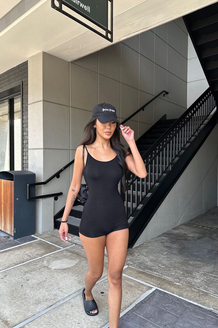 Available In Black And Heather Grey Spaghetti Romper Scoop Neck Rayon Jersey Stretch 93% Rayon 7% Spandex Imported | Nova Season Shortie Romper in Black size Medium by Fashion Nova Black Romper Outfit, Romper Outfit, Fashion Marketing, Review Fashion, Loungewear Women, Going Out Outfits, Fashion Seasons, Womens Loungewear, Black Romper