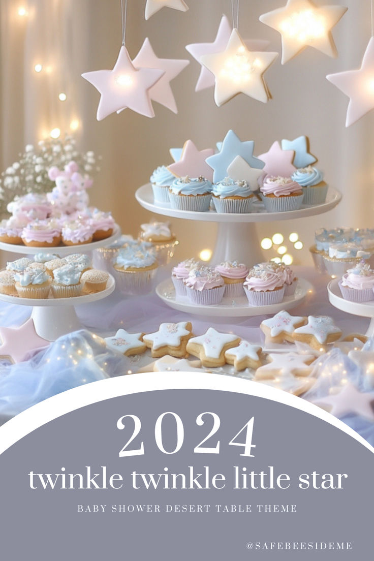 A pastel-colored "Twinkle Twinkle Little Star" baby shower dessert table with star-shaped cookies, cupcakes, and glowing star decorations, creating a magical atmosphere. *We may earn a small commission from your purchase. Twinkle Sprinkle Little Star, Wish Upon A Star Baby Shower Ideas, Star Theme Baby Shower Ideas, Baby Shower Twinkle Twinkle Little Star, Twinkle Twinkle Little Star-baby-showers, Dreamy Baby Shower Theme, Gender Reveal Food Table, Twinkle Little Star Baby Shower Ideas, Twinkle Twinkle Little Star Gender Party