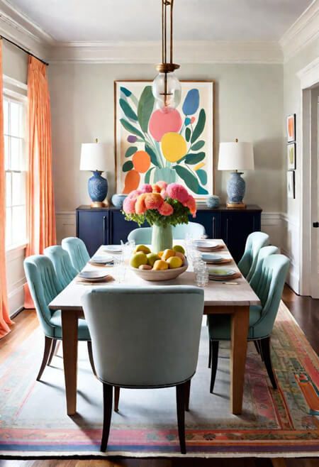 a dining room table with blue chairs and an art work on the wall behind it