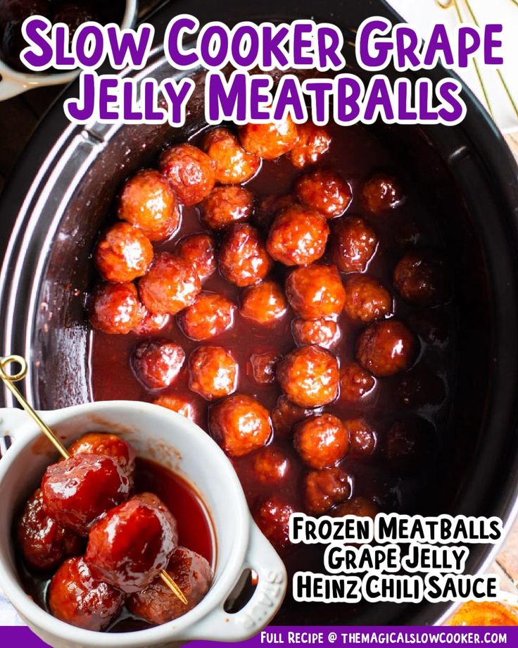 slow cooker grape jelly meatballs in a crock pot with the recipe below