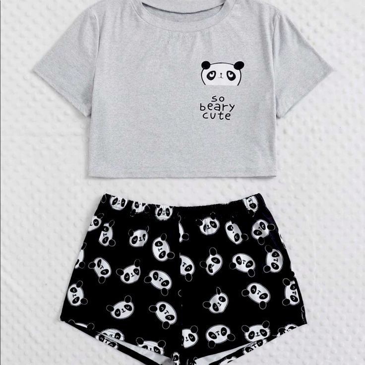 Panda And Slogan Graphic Pajama Set Cheap Cartoon Print Sleepwear For Sleepover, Cheap Sleepwear With Cartoon Print For Sleepover, Matching Pajamas For Teens, Casual Black Cotton Sleepwear, Black Cotton Casual Sleepwear, Casual Gray Cotton Sleepwear, Gray Short Sleeve Casual Sleepwear, Summer Black Sleepwear With Graphic Print, Black Graphic Print Sleepwear For Summer