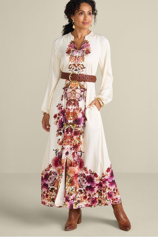 Step into your wow moment with a show-stopping maxi. A kaleidoscope of fall florals cascades down the front to the hem. Split V-neck and balloon sleeves with elastic cuffs. Seamed to flatter your curves. Soft Surroundings Dresses, Fall Florals, Next Dresses, How To Stretch Boots, Floral Fashion, Soft Surroundings, Fall Floral, Shirtdress, Balloon Sleeves