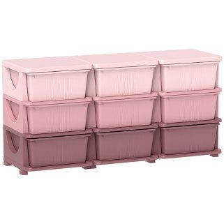 pink storage bins stacked on top of each other