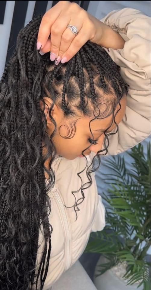 Box Braids Boho Curls, Teaira Walker Braids, Boho Braids Box Braids, Half Done Braids Black Women, Goddess Braids With Water Wave Hair, Braided Hairstyles For Black Women With Curls, Goddess Braids Wedding, Bohemian Braid Hairstyles, Small Boohoo Knotless Braids