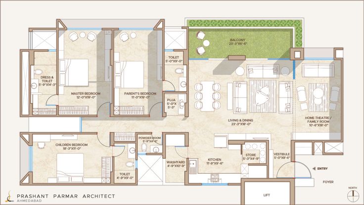 an apartment floor plan with three bedroom and two bathrooms