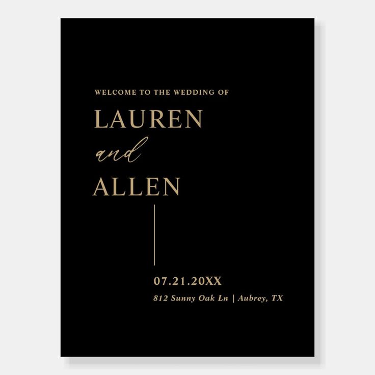 a black and gold wedding card with the words lauren and allen on it