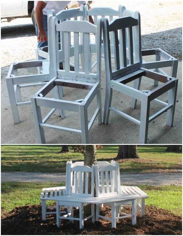 two different pictures of chairs and a bench