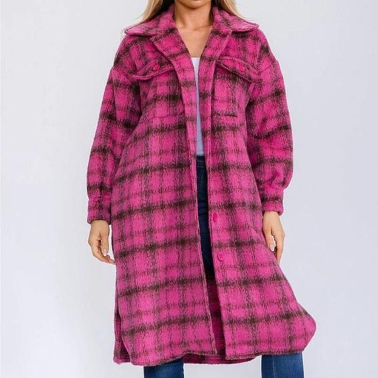 Take On Any Adventure With This Bold And Daring Long Sleeve Button Up Pockets Plaid Coat! Made With 100% Polyester And Featuring A Striking Fuchsia Color, This Versatile Piece Will Keep You Warm While Making A Statement. Model Is Wearing A Small. With A Length Of 42" And A Bust Size Of 50", It's Perfect For Taking On The Unknown. Don't Be Afraid To Stand Out And Live Life On The Edge With This Must-Have Addition To Your Wardrobe! **New** Oversized Pink Outerwear With Button Closure, Purple Collared Winter Outerwear, Pink Outerwear With Buttoned Pockets For Fall, Oversized Pink Single-breasted Outerwear, Pink Single Breasted Winter Outerwear, Pink Fall Outerwear With Buttoned Pockets, Oversized Pink Outerwear For Work, Pink Single-breasted Winter Outerwear, Oversized Pink Long Coat