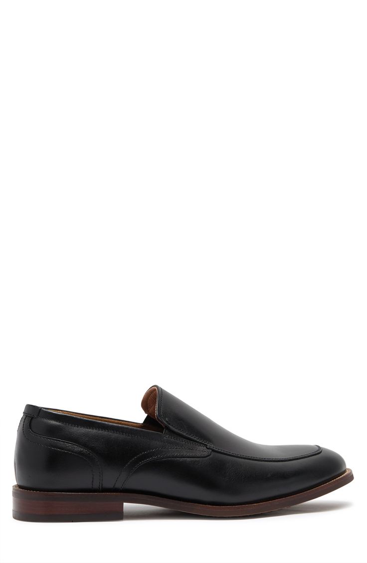 A moc toe pair of leather dress shoes take your dressier looks to the next level. Moc toe Slip-on style Leather upper/rubber sole Imported Black Moc Toe Oxfords For Semi-formal Occasions, Moc Toe Slip-on Leather Shoes For Office, Business Moc Toe Slip-ons, Slip-on Leather Shoes With Plain Toe For Office, Office Moc Toe Dress Shoes With Textured Sole, Workwear Leather Moc Toe Shoes With Removable Insole, Workwear Leather Shoes With Removable Insole And Moc Toe, Business Leather Shoes With Textured Moc Toe, Office Leather Shoes With Removable Insole And Moc Toe