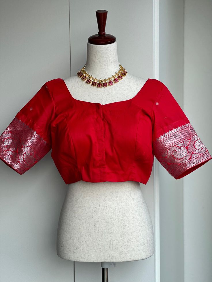 Blouse size 38-42 red silk border blouse Silk Red Blouse For Party, Red Silk Long Sleeve Blouse, Formal Red Padded Blouse, Festive Short-sleeve Blouse Piece, Red Silk Blouse For Formal Occasions, Elegant Red Festive Blouse Piece, Festive Elegant Shirt, Elegant Fitted Shirt For Festive Occasions, Red Silk Blouse For Festive Occasions