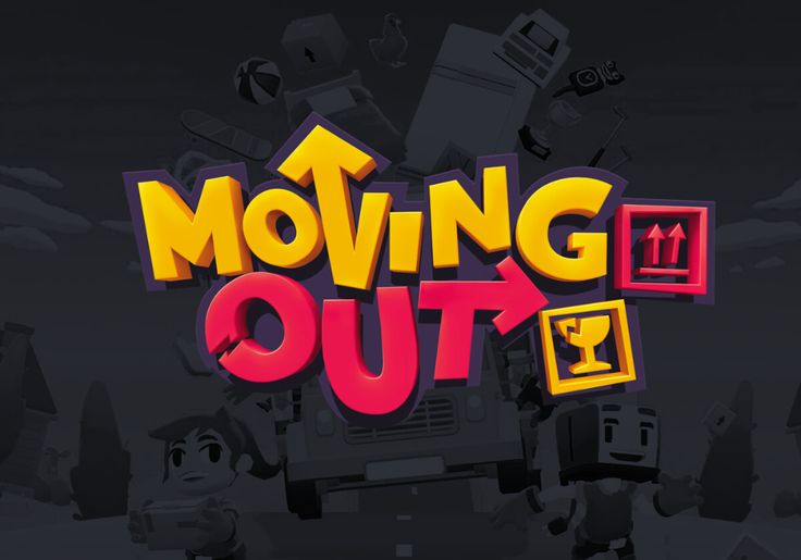 the moving out logo is shown in red and yellow letters with other animated objects surrounding it