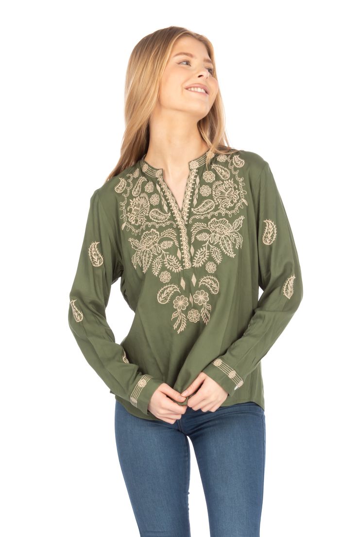 This boho top is made from 100% natural cotton, and features an exquisite floral paisley embroidery. The embroidery is inspired by ethnic Indian paisley motifs.Model is 5’8” - wearing size small. Model Bust: 34”Hand-wash cold, lay flat to dry.Made in India. Bohemian Peasant Top With Embroidered Neckline, Bohemian V-neck Embroidered Top With Chikankari, Bohemian Embroidered Top With Chikankari And V-neck, Bohemian V-neck Top With Resham Embroidery, Bohemian V-neck Chikankari Embroidered Top, Bohemian Chikankari Embroidered V-neck Top, Bohemian Cotton Blouse With Tonal Embroidery, Bohemian Embroidered Relaxed Fit Blouse, Bohemian V-neck Top With Chikankari Embroidery