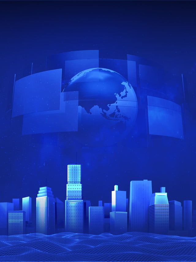 a blue cityscape with the earth in the background