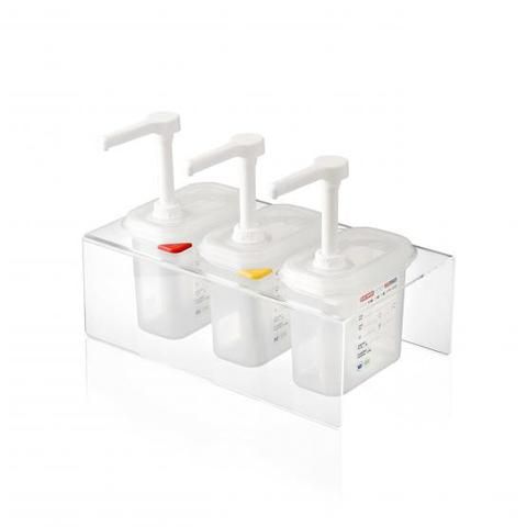 three soap dispensers sitting on top of a plastic container with two handles