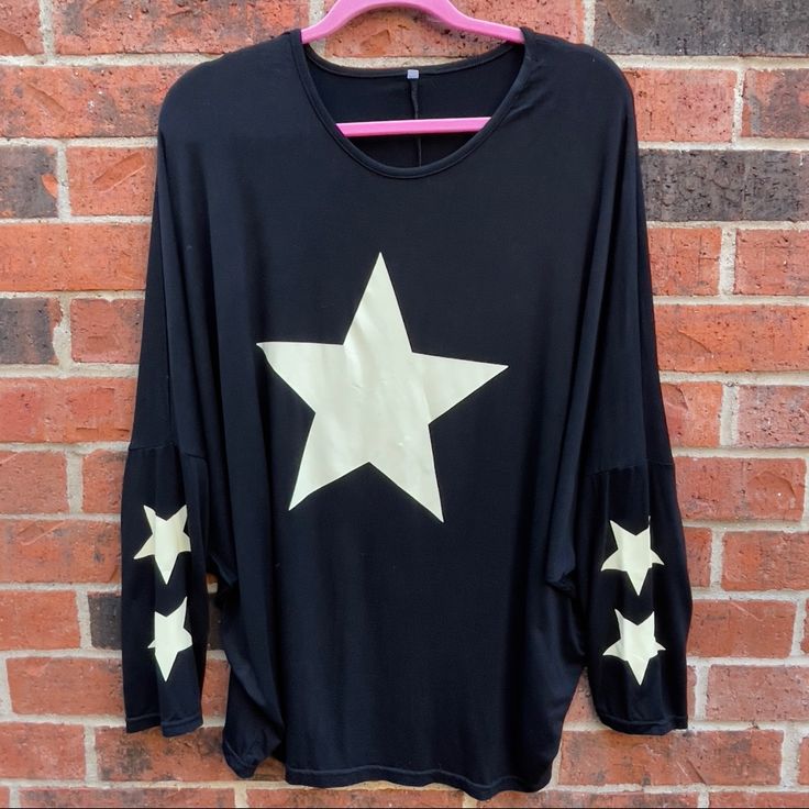 Black Star Shirt With Stars On Each Sleeve Nwot Soft Xl Black Crew Neck Top With Star Patch, Casual Black Top With Star Patch, Casual Black Top With Star Print, Black Crew Neck T-shirt With Star Patch, Oversized Long Sleeve Tops With Star Print, Oversized Star Print Crew Neck Top, Oversized Crew Neck Top With Star Print, Casual Long Sleeve Top With Star Patch, Black Star Shirt