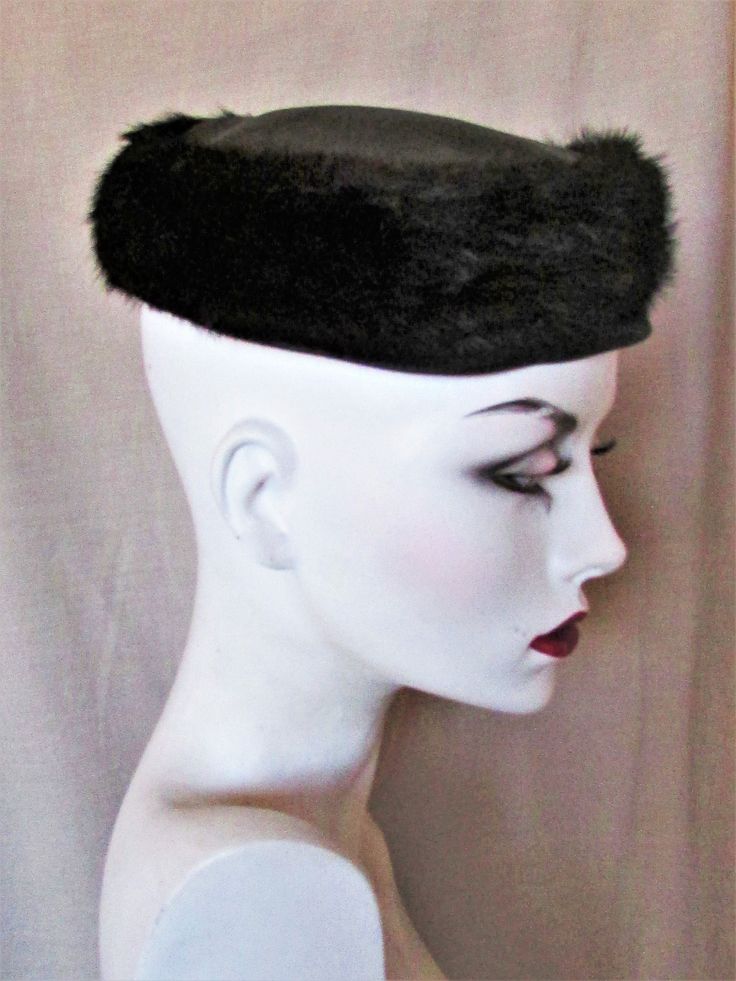 "**MINK PILLBOX HAT Furs were very fashionable in the 1960's and mink ended up on everything from coats and hats to cufflinks. This is a mid-century icon--the pillbox hat, made elegant in mink. It is a black dark dark brown mink, a black satin crown and rim around the bottom of the ring of fur. Good vintage condition. There is a dab of glue left from where netting was attached. Priced accordingly. Inside rim 21\" Height 2 1/2\"   SHIPPING NOTES -Domestic shipping is Priority for items over 1 lb. Vintage Winter Cloche Hat For Formal Occasions, Vintage Mini Hats For Evening In Winter, Vintage Winter Formal Cloche Hat, 1960s Hats, Russian Hat, Large Brim Hat, Mid Century Fashion, Types Of Hats, Pillbox Hat