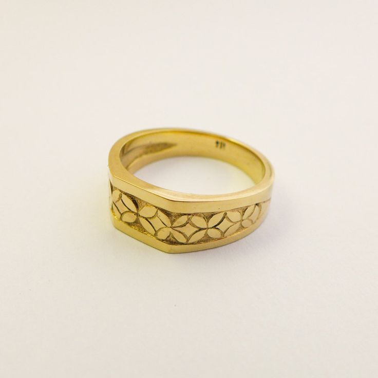 Unique Engraved 14K / 18K Solid Gold Signet Ring for Men and Women, Wide Floral Signet Ring Handmade of Yellow / White / Rose Gold. Shaped as a classic rectangle signet ring with simple straight edges and engraved with beautiful floral pattern. It combines basic simple elements that make a complex interesting pattern. This ring is very unique and has a strong presence, it captures a flowing pattern within a geometric frame. It is made by hand out of wax inspired by the endless beauty of nature. Formal 14k Gold Engraved Ring With Decorative Band, Formal 14k Gold Rings With Decorative Band, Gold Engraved Hallmarked 14k Ring, Gold Engraved Ring Hallmarked 14k, Gold Engraved 14k Ring Hallmarked, Ceremonial 14k Gold Engraved Ring, Heirloom Yellow Gold Couple Rings For Formal Occasions, Heirloom Style Yellow Gold Couple Rings For Formal Occasions, Formal Heirloom Yellow Gold Couple Rings