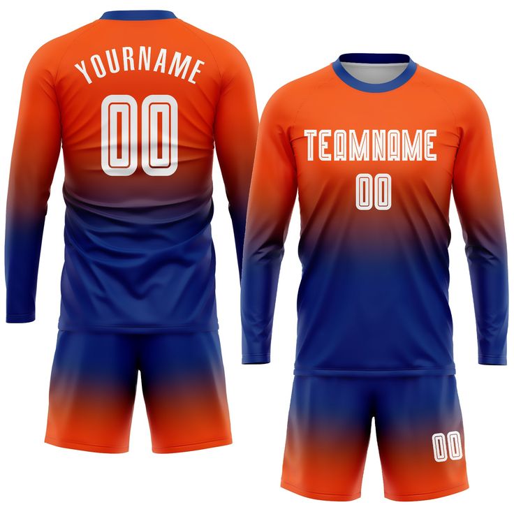 an orange and blue soccer jersey with the number 00 on it, in front of a white