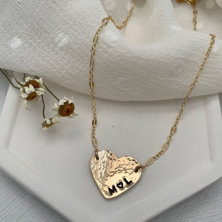 Love is always in style with our Hammered Personalized Heart Necklace. This customer favorite is ideal for initials, a date, a nickname, or a short word. The charming, vintage-style link chain is the perfect finishing touch and adds a romantic vibe. Available in sterling silver or gold finish. Chains and findings are 14kt gold fill or sterling silver. Charm is approx. 3/4 inch. Can be personalized with 6 characters max. Popular symbols for personalization are ♥ &, +(use * to symbolize the heart 6 Characters, Puffy Heart Charms, Diamond Initial Necklace, Hand Necklace, Rose Gold Chain, Puffy Heart, Crystal Heart, Heart Charm Bracelet, Bar Necklace