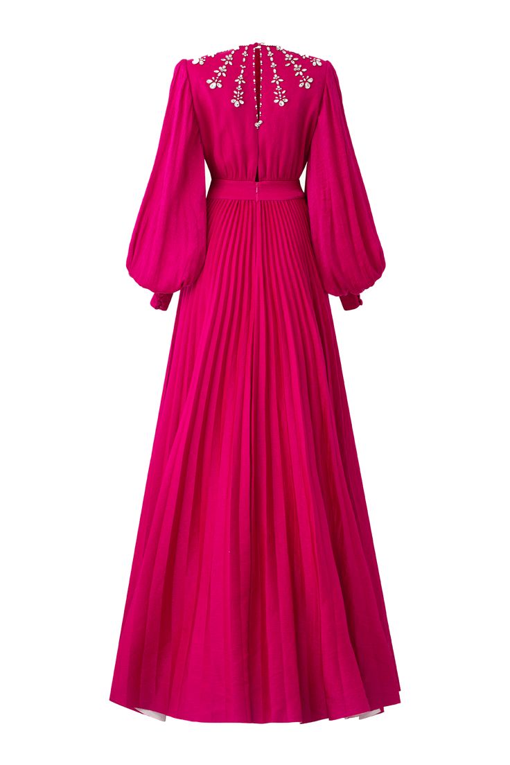 Scarlet Pleated Bishop Sleeved Silk Maxi Dress | MEAN BLVD Silk Pleated V-neck Maxi Dress, Floor-length Pleated Maxi Dress For Dinner, Elegant Pink Puff Sleeve Dress With Pleated Sleeves, Pleated Floor-length Maxi Dress For Dinner, Luxury Party Dress With Gathered Sleeves, Gala Dresses With Puff Sleeves And Gathered Details, Gala Dresses With Puff Gathered Sleeves, Gala Dresses With Puff Sleeves, Luxury Long-sleeved Pleated Dress