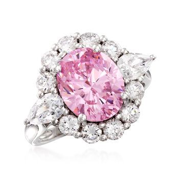 Ross-Simons - Simulated Pink Sapphire, 2.00ct t. w. Cubic Zirconia Ring in Silver. Size 7. Exclusively ours! Modeled after a princess's rare pink sapphire engagement ring, this simulated sapphire radiates in a frame of 2.00 ct. t. w. white CZs. Set in shining sterling silver for a gorgeous look. 5/8" wide. CZ and simulated pink sapphire ring. CZ weights are diamond equivalents. Gia Certified Oval Pink Diamond Ring, Oval Pink Gia Certified Diamond Ring, Pink Oval Diamond Ring With Accent Stones, Oval Pink Diamond Ring With Accent Stones, Dazzling Pink Oval Ring, Dazzling Oval Pink Ring, Dazzling Pink Oval Diamond Ring, Luxury Pink Oval Diamond Ring, Pink Oval Diamond Ring With Dazzling Style