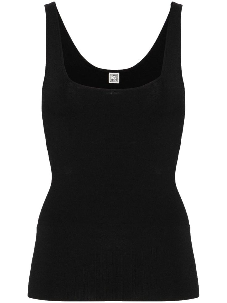 black fine knit scoop neck sleeveless straight hem Fitted Fine Knit Crew Neck Tank Top, Elegant Stretch Tank Top With Crew Neck, Elegant Stretch Crew Neck Tank Top, Elegant Crew Neck Stretch Tank Top, Chic Scoop Neck Seamless Tank Top, Seamless Scoop Back Top For Layering, Sleeveless Second-skin Tops For Layering, Black Seamless Tops For Layering, Black Seamless Tops With Scoop Back