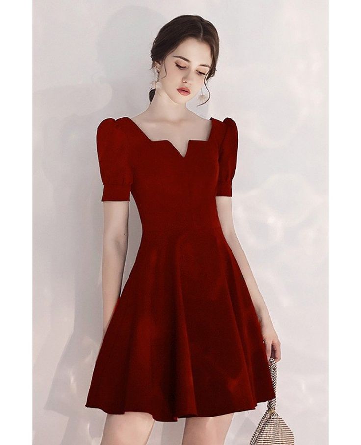 Shop Burgundy Short Aline Party Dress With Bubble Short Sleeves online. All instock with free shipping. Pro since 2009. Short Length Dresses Formal, Maroon Dress Outfit, Short Aline, Simple Party Dress, Dress Shorts Outfit, Dress Photo, Red Evening Dress, Maroon Dress, Cafe Style