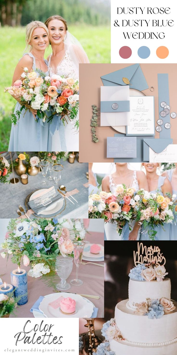 a collage of photos with different wedding colors and designs on it, including flowers