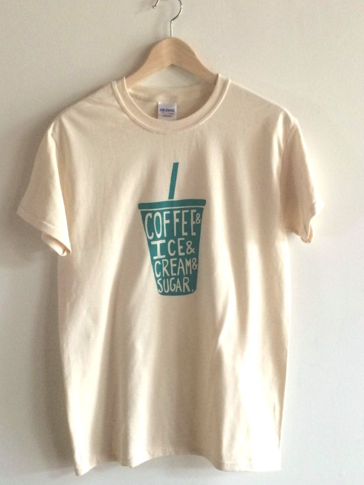 "Hand Printed and Hand Drawn! This is a 100% cotton screen printed t shirt with a hand drawn iced coffee cup that reads \"Coffee & Ice & Cream & Sugar.\" Perfect for all the coffee lovers out there! The shirt shown here is natural with jade ink. If you are interested in different colors, just message us and ask! // PROCESS: All of our items are individually hand printed by either me or my dad, which can lead to slight variations in placement. The ink is heat cured and will not fade o Food Shirt, Coffee Tees, Oversized Shirts, Coffee Shirt, Screen Printing Shirts, Coffee Print, Iced Coffee Cup, Summer Styles, Coffee Shirts