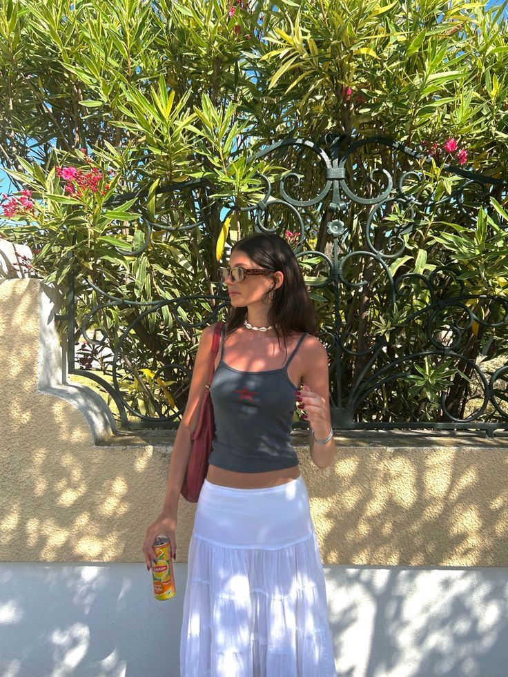 Maxi Skirt And Tank Top Outfit, Long Skirt Tank Top Outfits, White Skirt And Tank Top Outfit, Tank Top And Skirt Outfit Aesthetic, Long Skirt Tank Top Summer Outfits, Maxi Skirt With Tank Top, Skirt Outfits Vacation, Cute Outfit With Long Skirt, Long Skirt With Tank Top