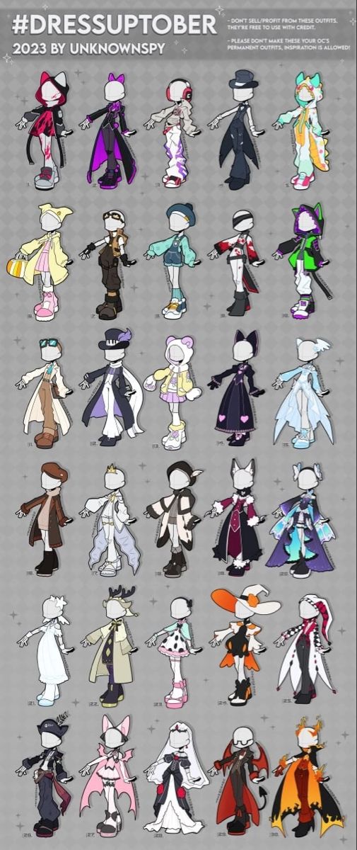 an image of some cartoon characters in different colors and sizes, with the words dressuptober written on them