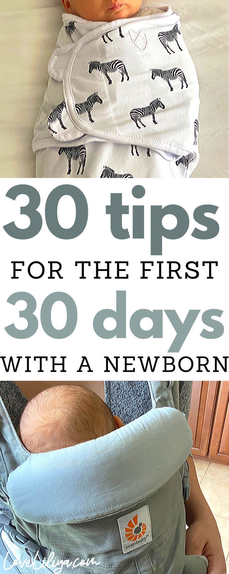 a baby in a bib with the words 30 tips for the first 30 days with a newborn