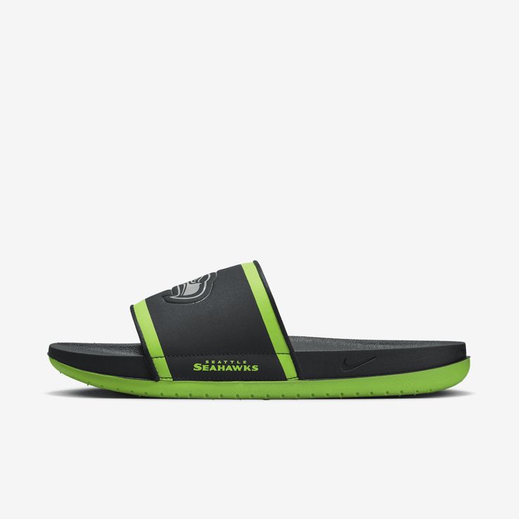 Cheer your team to victory in comfort with the Nike Offcourt (NFL Seattle Seahawks) Slide. A cushy synthetic leather strap features your team’s logo, while an innovative foam midsole makes this slide so comfy, you’ll never want to take it off. Sporty Green Slides For Outdoor, Nike Sporty Slip-resistant Slides, Green Sporty Synthetic Slides, Sporty Green Synthetic Slides, Green Synthetic Slides For Sports, Green Sporty Slides For Sports, Green Slides For Streetwear With Branded Insole, Sporty Green Slides For Sports, Functional Black Slides For Streetwear