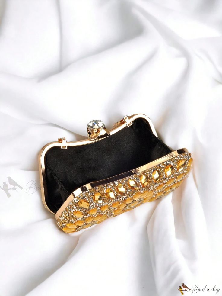 Bird in Bag - Opulent Ladies Evening Clutch and Shoulder Bag: Exquisite Styling, Diamond Embellishment, Radiant Gold. Perfect Accompaniment for Gatherings, Parties, Weddings, Dances, Dinners, and Dates. A Glamorous Gold Evening Bag. Elegant Gold Embellished Bag, Glamorous Rectangular Bags For Reception, Festive Embellished Bags For Reception, Festive Formal Evening Bag That Opens, Gold Festive Handheld Evening Bag, Festive Gold Handheld Evening Bag, Elegant Gold Clutch For Wedding, Rectangular Clutch For Wedding, Luxury Rhinestone Bags For Reception