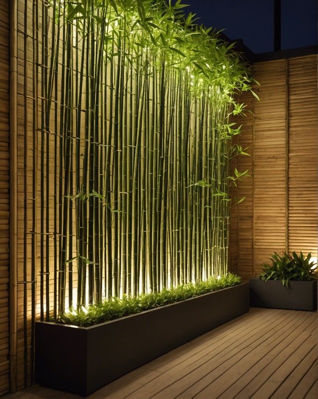 an indoor bamboo planter is lit up by the lights on the side of the building