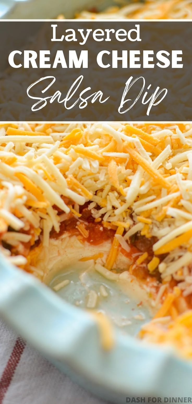 layered cream cheese salsa dip in a blue casserole dish with text overlay