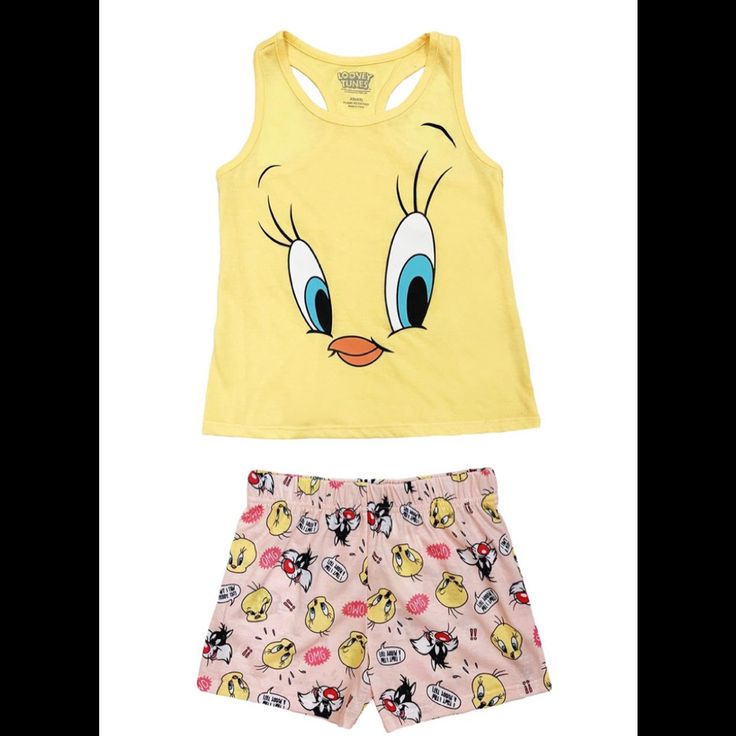 Brand New With Tags 100% Authentic Looney Tunes Tweety Bird Big Girls Tank Top Pajama Set With Pink Shorts Yellow Cotton Sleepwear With Cartoon Print, Yellow Cartoon Print Sleepwear For Bedtime, Yellow Cartoon Print Sleepwear, Playful Yellow Sleepwear With Cartoon Print, Playful Yellow Sleepwear For Pajama Party, Cute Yellow Summer Sleepwear, Yellow Sleepwear For Summer Pajama Party, Yellow Sleepwear For Pajama Party In Summer, Yellow Casual Sleep Top