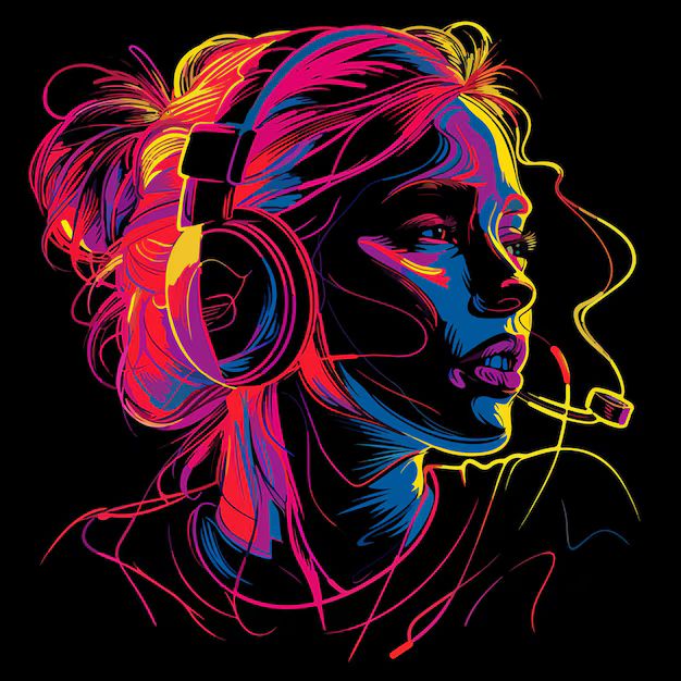 a woman with headphones on her face is shown in bright neon colors, while the image looks like she's listening to music